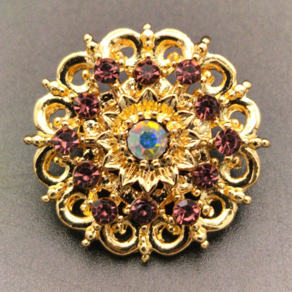 Vintage Style Gold Tone Amethyst Purple & AB Rhinestone Floral Brooch Pin - Picture 5 of 5